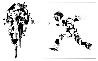 Fototapeta premium Stylized human forms composed of geometric, halftone textures, and graphic, rendered in high contrast vector art, ideal for modern design or use.