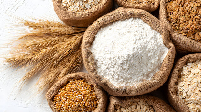 Assortment of Grains and Flour in Burlap Sacks with Wheat Stalks.
