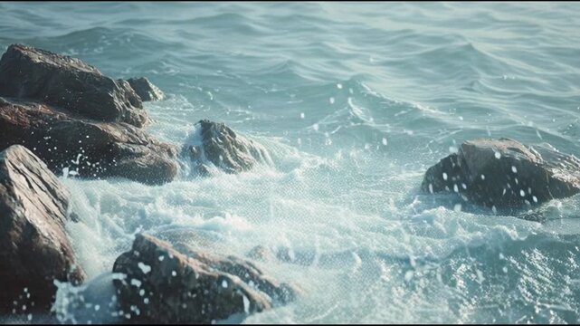 low-angle view of waves crashing on rocky ocean shore