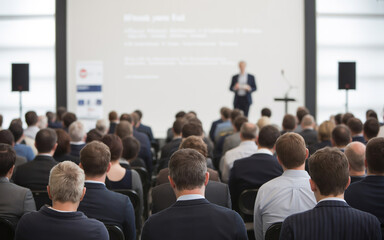 Obraz premium Audience engaged in a professional conference with a speaker presenting on stage