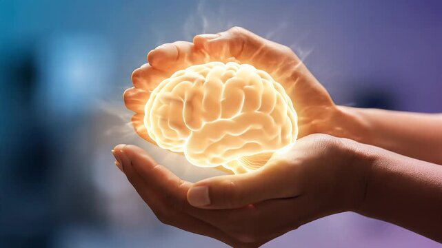 Hands holding glowing human brain model symbolizing intelligence and health