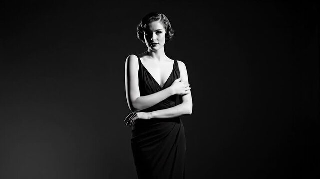 Elegant Woman in Black Dress Posing in Dramatic Lighting.