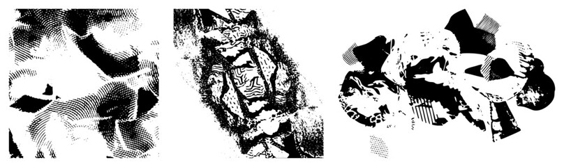 Stylized fragmented shapes rendered in halftone, vector art with bold contrast, graphic design elements, isolated forms, modern abstract composition.