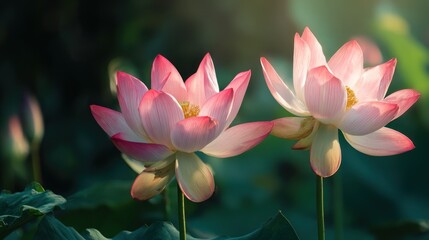Obraz premium Two Pink Lotus Flowers in Full Bloom with Green Leaves.