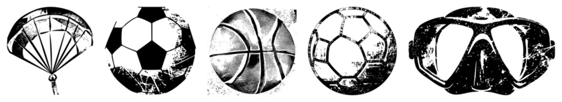 Retro styled sports equipment including parachute, soccer balls, basketball, and scuba mask, rendered in halftone with distressed texture, ideal for athletic branding or graphic design.