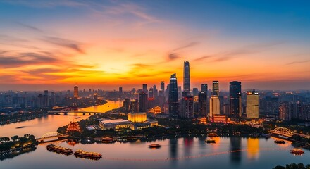 Fototapeta premium Cityscape at sunset skyscrapers and river reflecting vivid colors