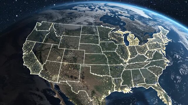 Detailed map of the United States with illuminated city lights at night