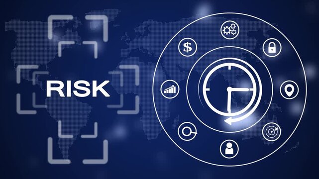 Digital abstract representation of global risk management with a map, clock, and financial symbolizing strategy and analysis on a dark blue background