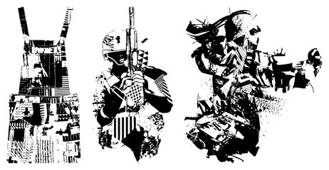 Obraz premium Combat ready soldier holding rifle, helmeted figure, tactical vest, urban warfare, stencil art, black and white graphic, vector illustration.