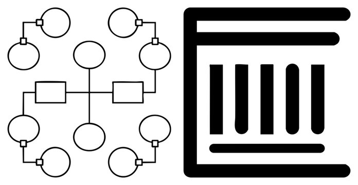 Flowchart style vector graphic with interconnected circles and boxes, minimalist tech schematic, digital architecture layout, system mapping visualization.