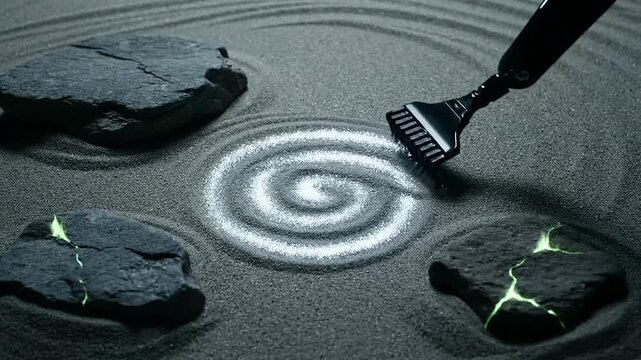 Neural network trading algorithm visualizes complex data with a robotic arm creating glowing spirals in dark sand while a rock cracks, illustrating AI insights.