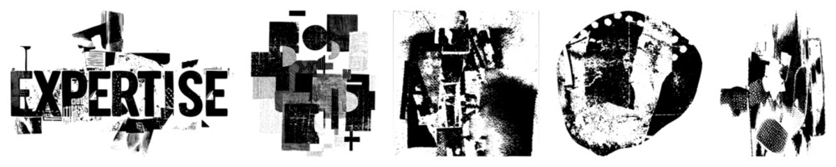 Obraz premium Fragmented typographic art using halftone, abstract geometric forms, and bold lettering, ideal for modern graphic design, posters, or layouts.