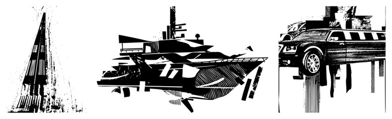 Black and white vector art of skyscraper, yacht, sedan with halftone, sharp geometry, high contrast, textured shading.