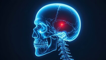 X-Ray Style Illustration of Human Skull with Pain Point, Showing Anatomy and Potential Medical Condition