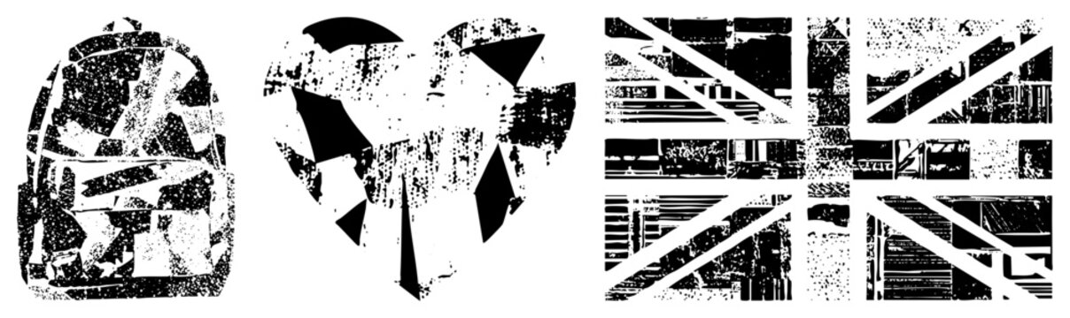 Distressed vector backpack, shattered heart, Union Jack flag, gritty texture, design, urban aesthetic, graphic symbols.