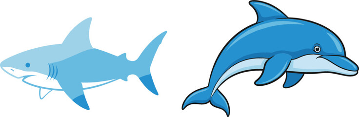 Naklejka premium Vector illustration of blue shark and dolphin swimming iconsVector illustration of blue shark and dolphin swimming icons