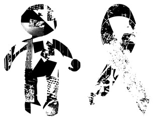 Two stylized human silhouettes with fragmented textures, graphic design elements, bold black and white contrast, artistic representation, vector art.