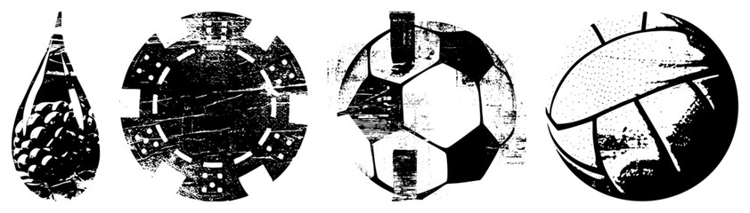 Obraz premium Retro soccer, volleyball, and pinecone shaped sports with gritty halftone textures, stylized vector graphics, isolated design elements.