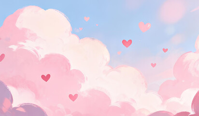 Fototapeta premium Soft Pink Clouds Sky Background with Small Floating Hearts