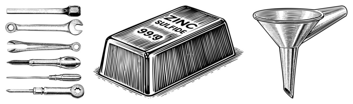 Chemical compound block labeled zinc sulfide, 99.9 purity, alongside precision hand tools and funnel, technical illustration, lab equipment, industrial chemistry.