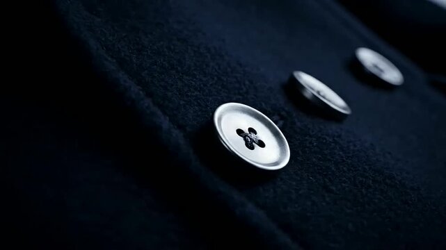 Fall Cozy Fashion close-up of a luxurious dark blue wool coat with shiny silver buttons, showcasing intricate textile texture and elegant detail with shallow depth of field.