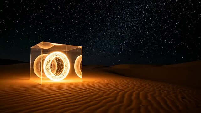 Neural network trading algorithms abstractly presented as glowing interconnected rings within transparent cubes in a serene desert under a celestial starry night sky.