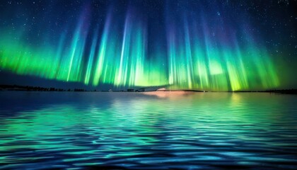 Fototapeta premium Spectacular Northern Lights Display Reflected in Calm Waters Under Starry Sky.