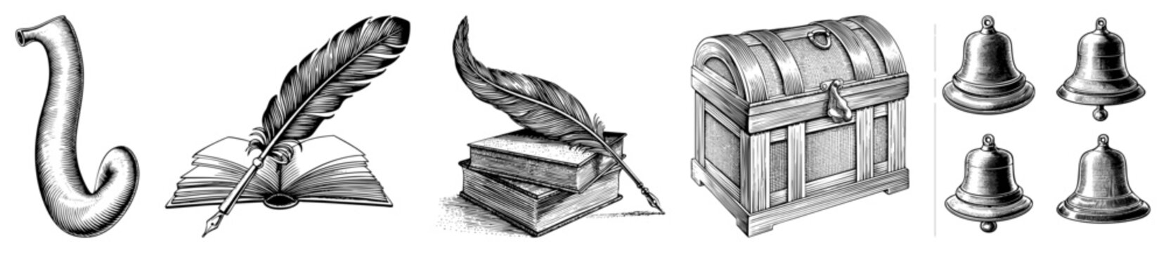Classic quill pen resting on open book, ornate horn, wooden treasure chest, vintage bells, scholarly symbols, historical stationery, literary artifacts.
