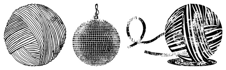 Obraz premium Classic disco mirror ball, spool of yarn, textile craft, retro graphic design, black and white vector illustration, stylized, isolated.