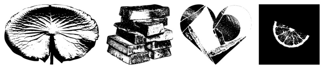 Four isolated vector graphics lotus leaf, stacked bars, heart shaped glass, citrus slice., halftone texture, clean, symbolic design.