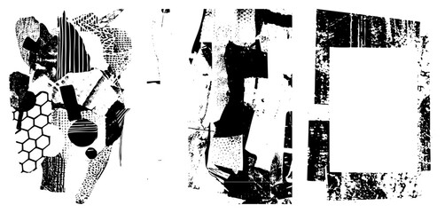Obraz premium Fragmented black and white graphic with halftone, hexagonal, and striped, abstract composition, vector art, isolated design elements.