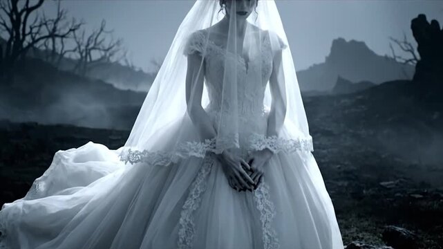 Ethereal Bride in White Wedding Gown Amidst a Mystical, Foggy Landscape.