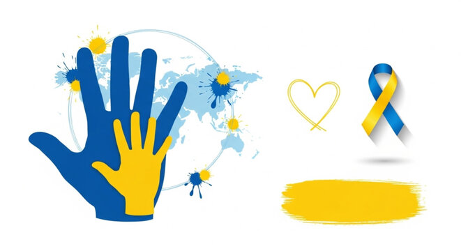 World Down Syndrome Day awareness symbols including hands, globe, ribbon, and heart with blue and yellow colors