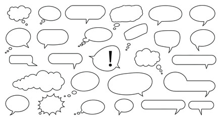Collection of diverse speech and thought bubbles in various shapes and sizes, perfect for representing communication, ideas, and dialogue in graphic design