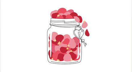 An elegant illustration of a glass jar brimming with red and pink rose petals, adorned with a heart-shaped padlock and key, symbolizing cherished love and enduring romance