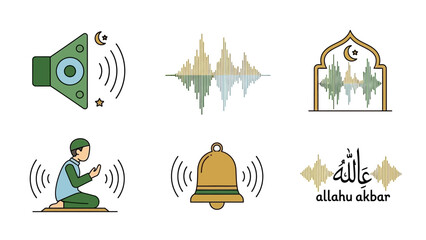 Vector Set of Islamic Prayer and Adhan Sound Icons Illustrating Mosque, Worship, and Spiritual Calligraphy Themes