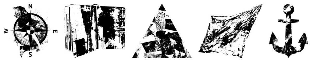 Compass rose, weathered book, abstract triangle, torn map, anchor nautical and maritime motifs rendered in distressed vector style.