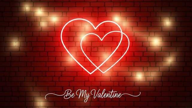 Neon Hearts on Valentine's Day: Illuminated neon hearts on a brick wall, conveying the warmth of love and affection. Suitable for Valentine's Day cards, romantic designs and celebrations of love.