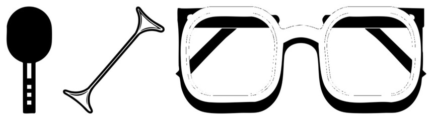 Classic oversized sunglasses with thick frames, vintage horn instrument, table tennis paddle, retro style, flat vector design, isolated graphic elements.