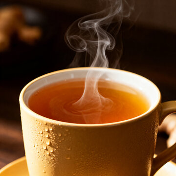 A cinematic aesthetic product photo of wedang jahe, full cup visible, steam detail, clean background, high resolution