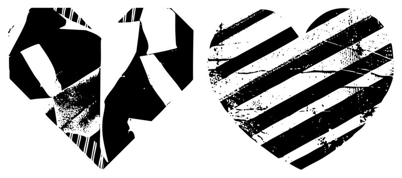 Two fragmented heart shapes, one shattered with jagged edges, one striped with diagonal, both featuring distressed textures, graphic design elements, emotional.