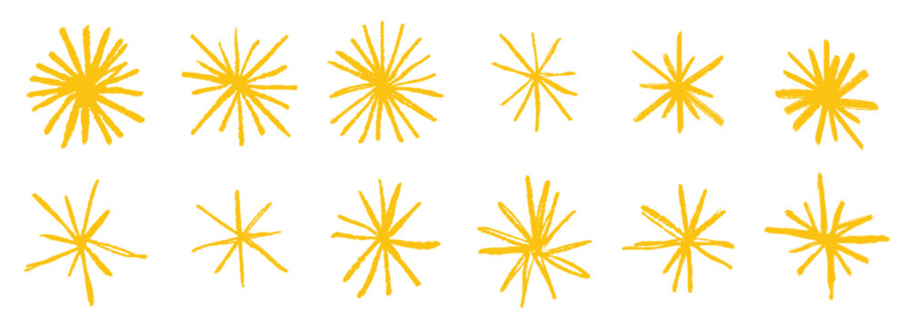 yellow crayon hand drawn stars and sparkles set golden 