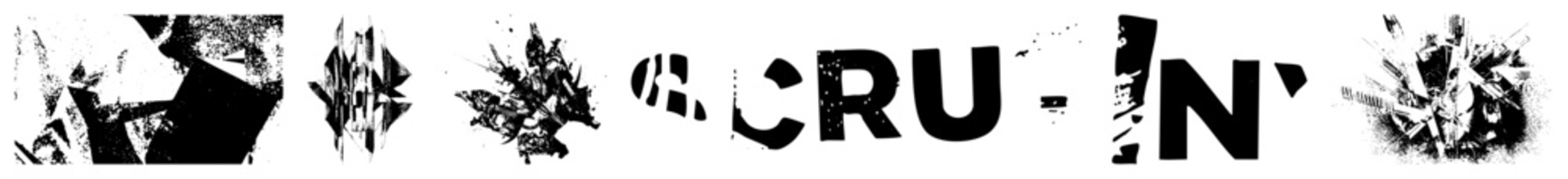 Crude, gritty typography with splattered ink textures, distressed fonts, urban stencil style, abstract graphic elements, bold black lettering, raw design aesthetic.