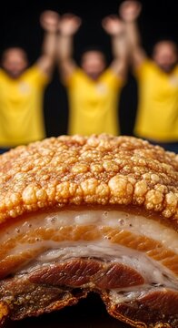 Delicious crispy pork belly known in Brazil as torresmo with excited yellow-shirted fans Brazilian food in 2026 soccer World championship.