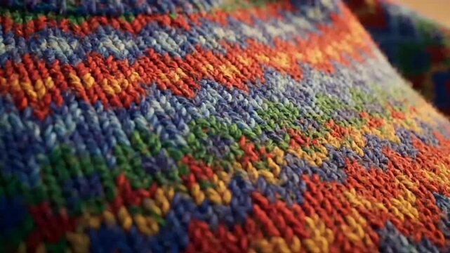 Fall Cozy Fashion showcasing vibrant colorful knitted patterns on a soft woolen sweater, perfect for warmth and comfort, captured with a shallow depth of field in natural light.