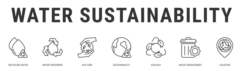 Water Sustainability web banner icon vector illustration featuring Recycling Water, Water Treatment, Eco Care, Sustainability, Ecology and Waste Management
