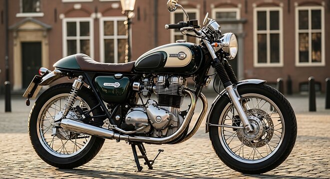 Classic motorcycle displayed outdoors against architectural background