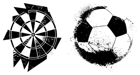 Obraz premium Black/white vector jagged dartboard & spray painted soccer ball, gritty textures. Ideal for sports or urban designs.
