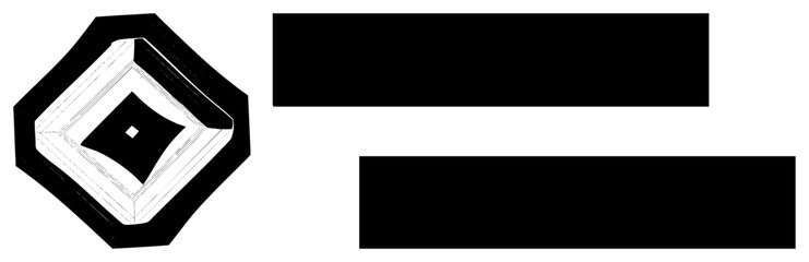 Vector graphic featuring a stylized hexagon with layered squares, paired with two bars, minimalist design, clean, graphic element, abstract composition.