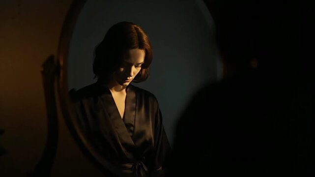 A woman's profound moaning reflection in a dim mirror, capturing a vulnerable, quiet moment of deep sorrow and introspective struggle at this precise, silent instant